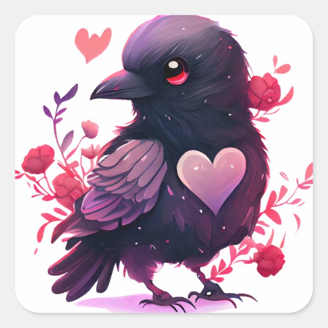 Niedliches Herz Black Bird Valentine Quadratischer Aufkleber (Vorderseite)