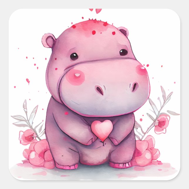 Niedliches Herz Hippo Valentine Quadratischer Aufkleber (Vorderseite)