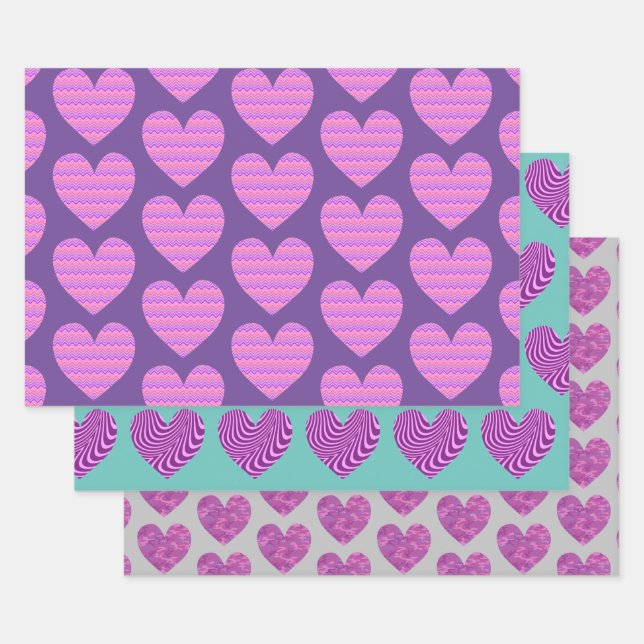 Niedliches Herz Kunst, Lila und Pinks Liebe Geschenkpapier Set (Set)