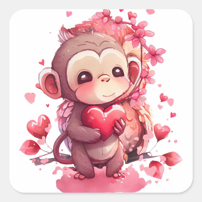 Niedliches Herz Monkey Valentine Quadratischer Aufkleber (Vorderseite)