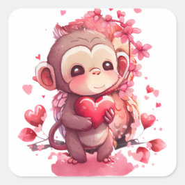 Niedliches Herz Monkey Valentine Quadratischer Aufkleber