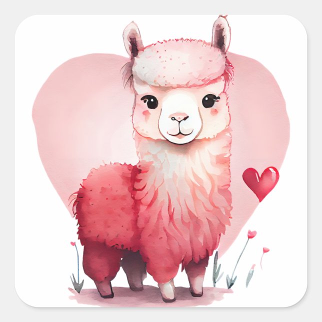 Niedliches Herz Pink Llama Valentine Quadratischer Aufkleber (Vorderseite)
