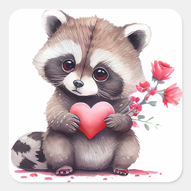 Niedliches Herz Raccoon Valentine Quadratischer Aufkleber (Vorderseite)