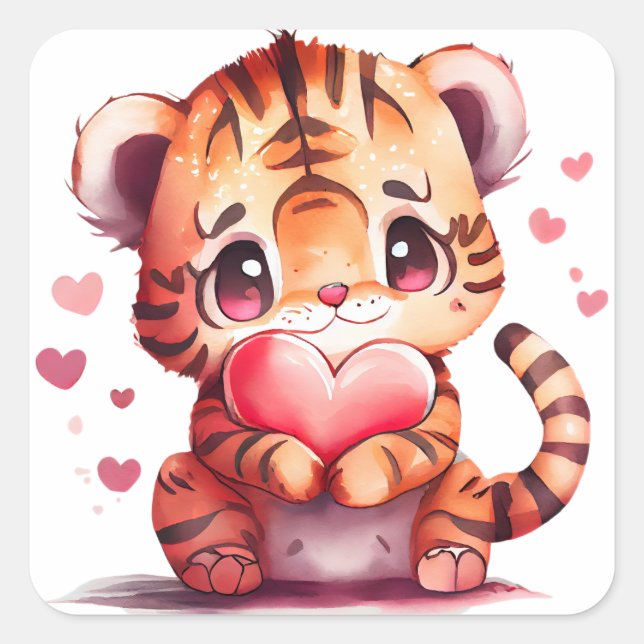 Niedliches Herz Tiger Valentine Quadratischer Aufkleber (Vorderseite)