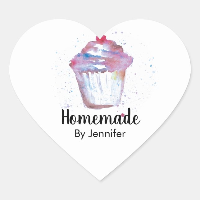 Niedliches Herz Watercolor Cupcake hausgemacht Herz-Aufkleber (Vorderseite)
