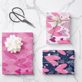 Niedliches Herzdoodle Muster Pink Blue Valentinsta Geschenkpapier Set