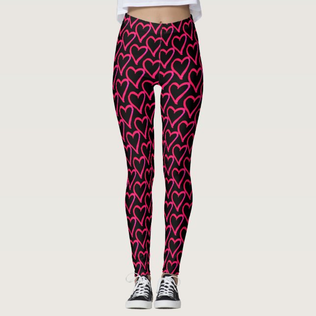 Niedliches Herzmuster - Hot Pink Black Leggings (Vorderseite)