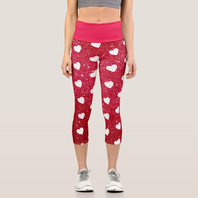 Niedliches Herzmuster Roter Glitzer Capri Leggings (Vorderseite)