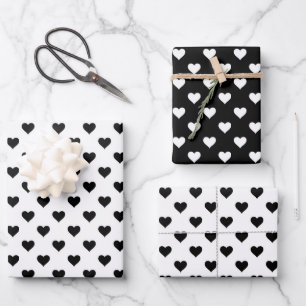 Niedliches Herzmuster Schwarz/Weiß Geschenkpapier Set