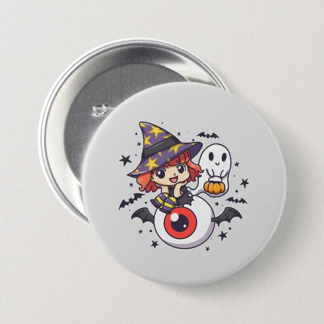 Niedliches Hexenkid zu Halloween Button (Vorne & Hinten)
