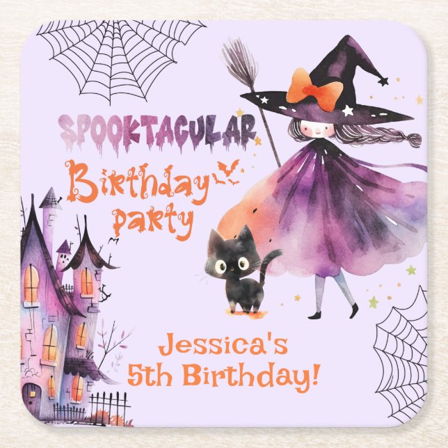 Niedliches Hexenspoktacular GeburtstagsHalloween-P Rechteckiger Pappuntersetzer (Vorderseite)