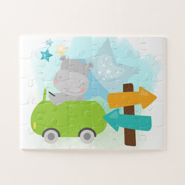 Niedliches Hippo Autofahren Grüne Autos Kinder Puzzle (Horizontal)