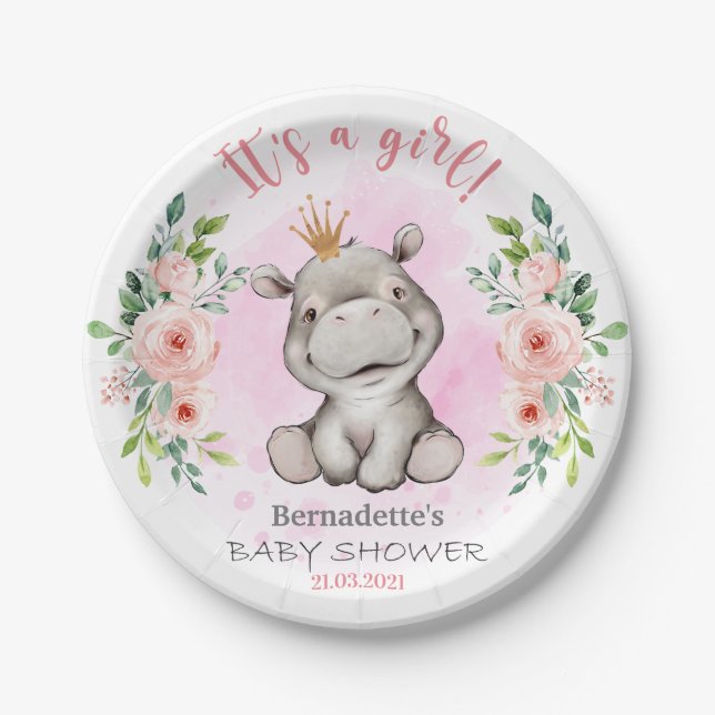 Niedliches Hippo Es ist ein Girl Baby Shower Paper Pappteller (Vorderseite)