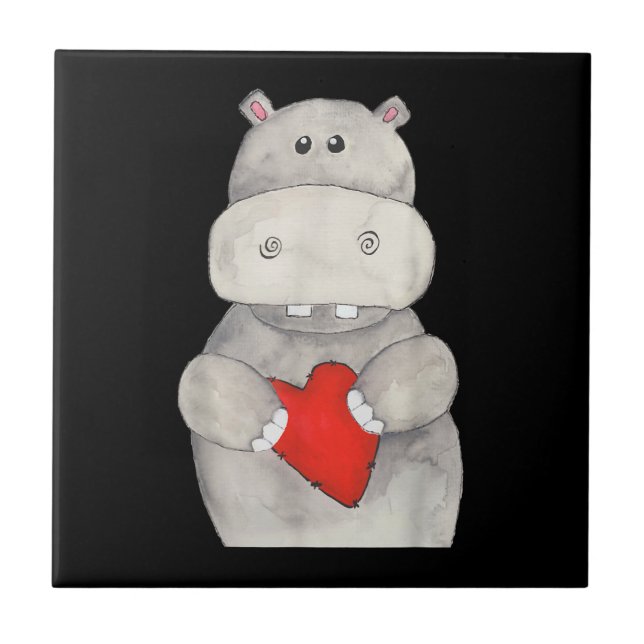 Niedliches Hippo Hippopotamus Holding Herz | Liebe Fliese (Vorderseite)