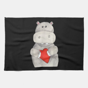 Niedliches Hippo Hippopotamus Holding Herz   Liebe Geschirrtuch