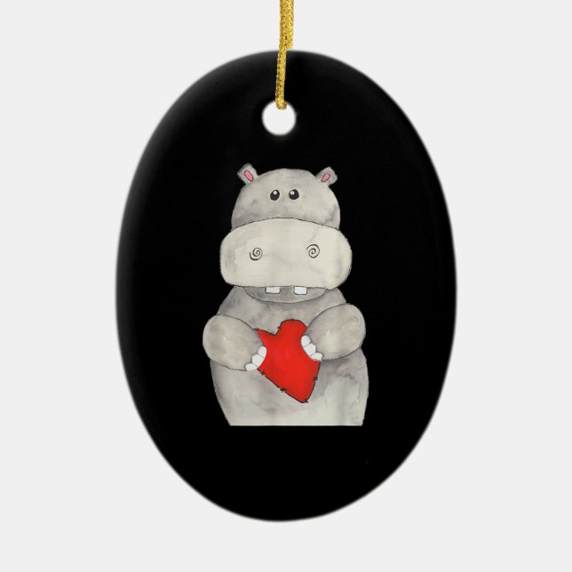 Niedliches Hippo Hippopotamus Holding Herz | Liebe Keramik Ornament (Vorne)