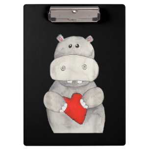 Niedliches Hippo Hippopotamus Holding Herz   Liebe Klemmbrett