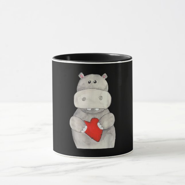 Niedliches Hippo Hippopotamus Holding Herz | Liebe Tasse (Zentrum)