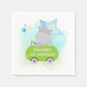Niedliches Hippo in Green Car Kleinkind Geburtstag Serviette