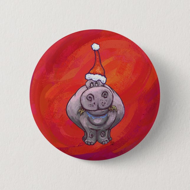 Niedliches Hippo in Weihnachtsmannmütze auf Rot Button (Vorderseite)