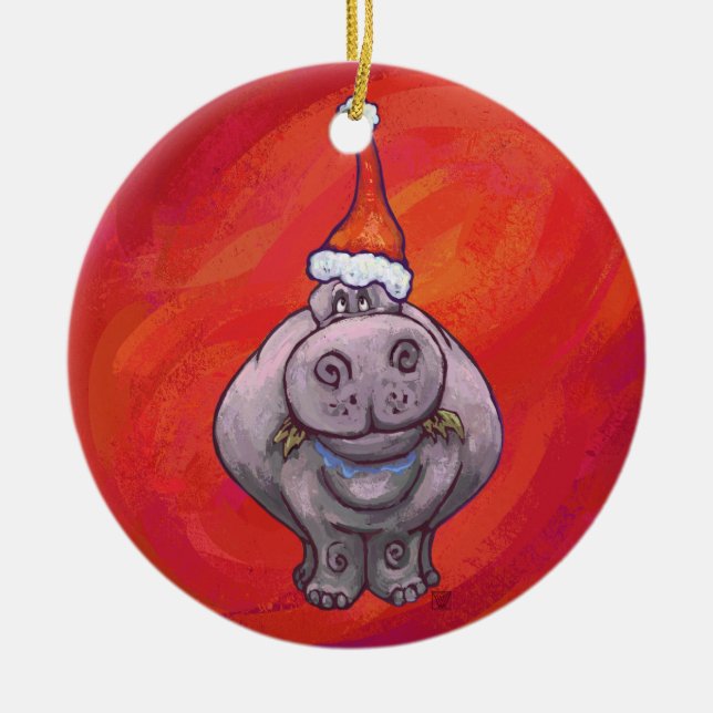 Niedliches Hippo in Weihnachtsmannmütze auf Rot Keramik Ornament (Vorne)
