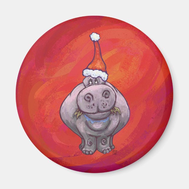 Niedliches Hippo in Weihnachtsmannmütze auf Rot Magnet (Vorne)