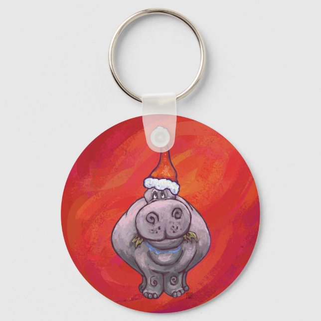 Niedliches Hippo in Weihnachtsmannmütze auf Rot Schlüsselanhänger (Vorderseite)