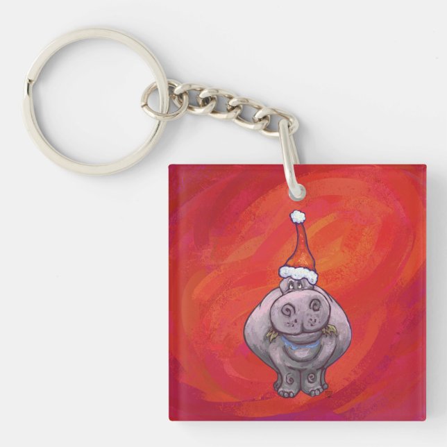 Niedliches Hippo in Weihnachtsmannmütze auf Rot Schlüsselanhänger (Vorderseite)