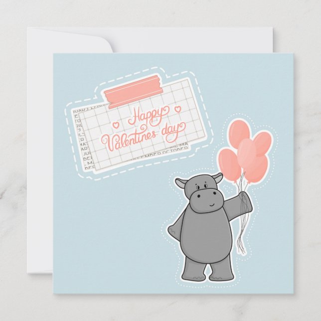 Niedliches Hippo mit Ballons und Happy Valentines  Karte (Vorderseite)
