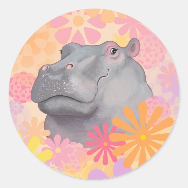 Niedliches Hippo mit Blume Runder Aufkleber (Vorderseite)