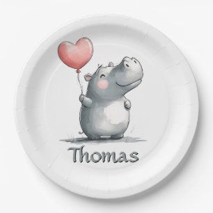 Niedliches Hippo mit Heart Balloon Illustration Pappteller