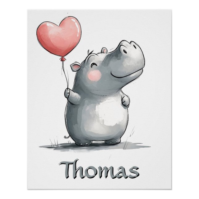 Niedliches Hippo mit Heart Balloon Illustration Poster (Vorderseite)