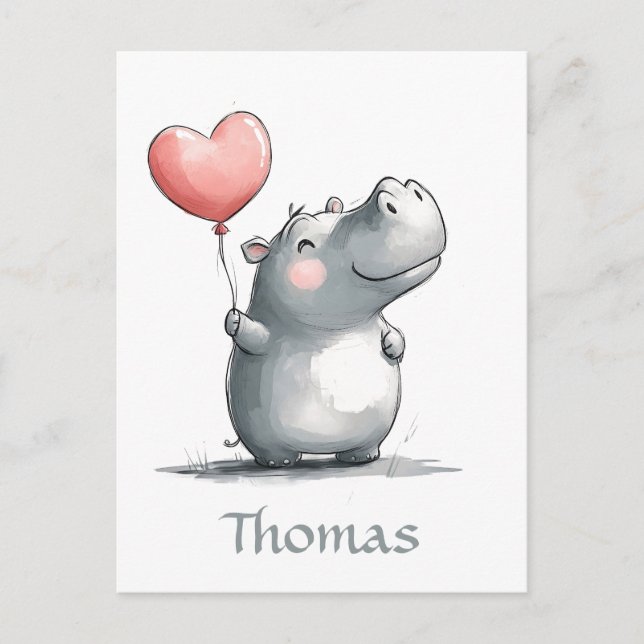 Niedliches Hippo mit Heart Balloon Illustration Postkarte (Vorderseite)