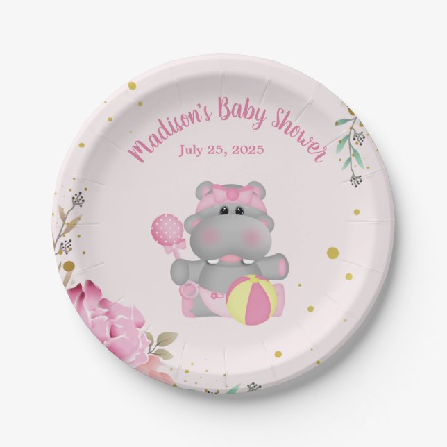 Niedliches Hippo mit Rattle and Ball Paper Plate Pappteller (Vorderseite)