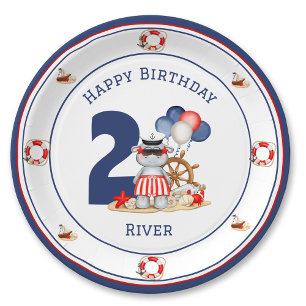 Niedliches Hippo Nautical Birthday Boy Blue Custom Pappteller