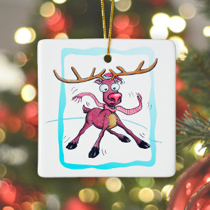 Niedliches Hirsch auf Eis Sonnige Weihnachtsfeiert Keramikornament