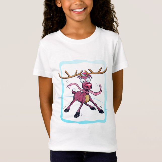 Niedliches Hirsch auf Eis Sonnige Weihnachtsfeiert T-Shirt (Vorderseite)