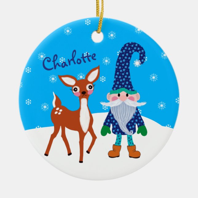 Niedliches Hirsch Blauer Gnome Weihnachtskids Keramik Ornament (Vorne)