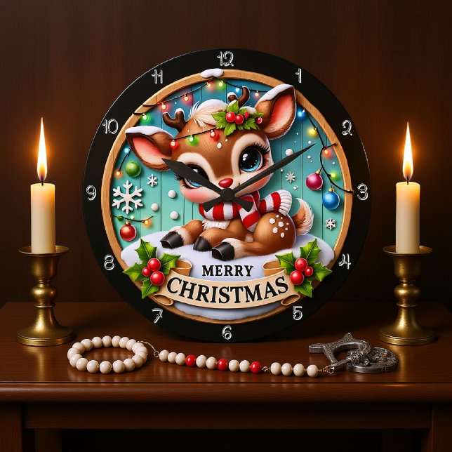 Niedliches Hirsch Frohe Weihnachtsgrafik Große Wanduhr (Von Creator hochgeladen)