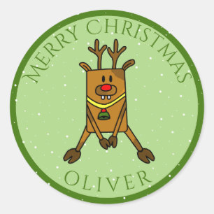 Niedliches Hirsch Grünen Weihnachtskid's Name Gesc Runder Aufkleber