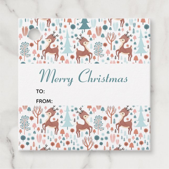 Niedliches Hirsch in Whimsical Forest Pattern Weih Geschenkanhänger (Vorderseite)