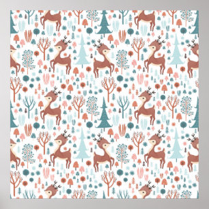 Niedliches Hirsch in Whimsical Forest Pattern Weih Poster