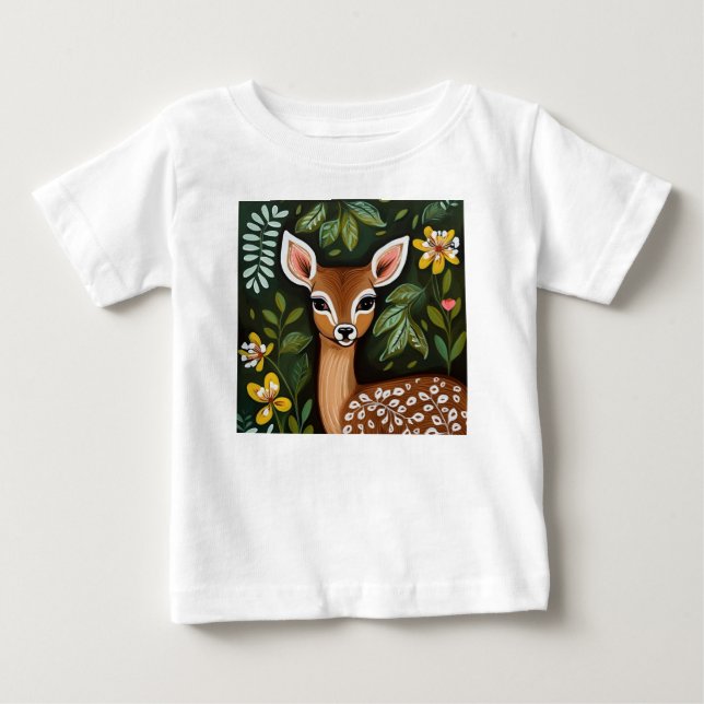 Niedliches Hirsch mit Blätter und Blume Baby T-shirt (Vorderseite)