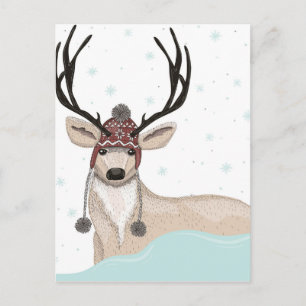 Niedliches Hirsch mit Hat Winter Hintergrund Feiertagspostkarte