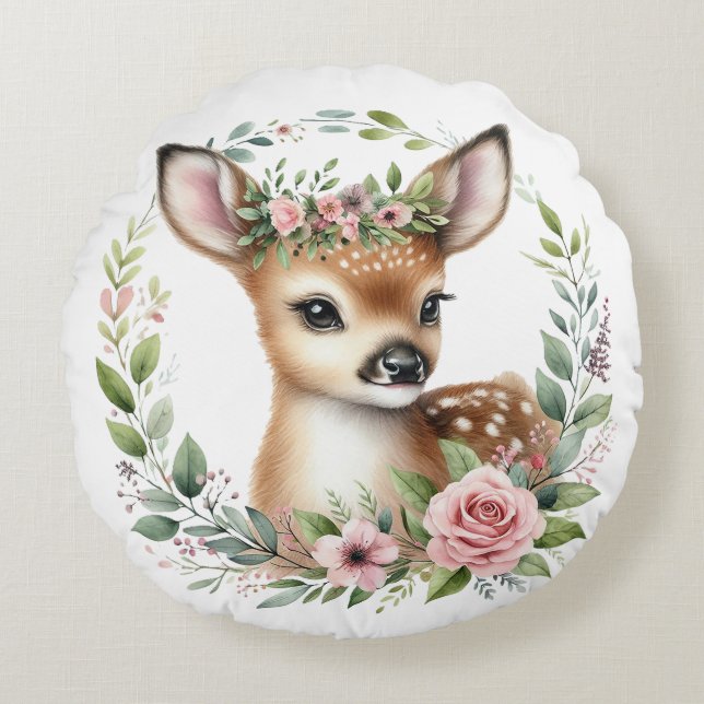 Niedliches Hirsch mit rosa Blütenblättern Rundes Kissen (Vorderseite)