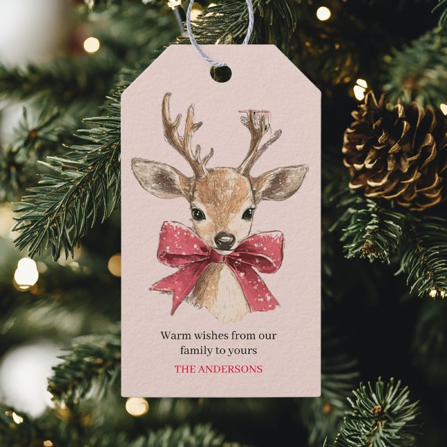 Niedliches Hirsch mit Rotem Bow | Rosa Weihnachten Geschenkanhänger (Von Creator hochgeladen)
