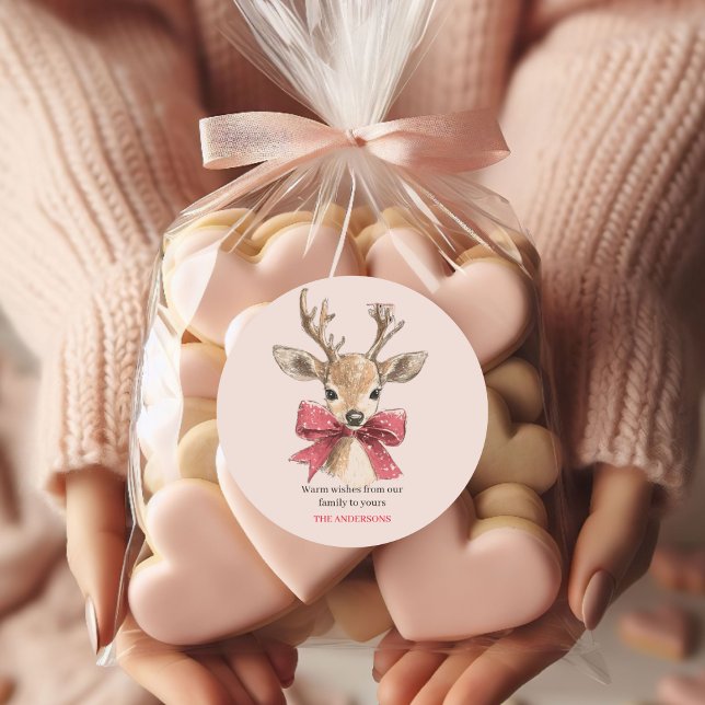 Niedliches Hirsch mit Rotem Bow | Rosa Weihnachten Runder Aufkleber (Von Creator hochgeladen)