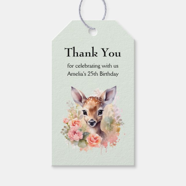 Niedliches Hirsch umgeben von Rose Danke Geschenkanhänger (Vorderseite)