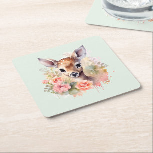 Niedliches Hirsch, umgeben von Rose Rechteckiger Pappuntersetzer