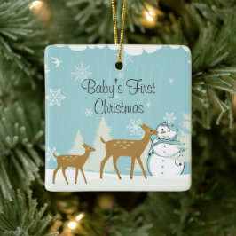 Niedliches Hirsch und Snowman Winter Baby's 1. Wei Keramikornament